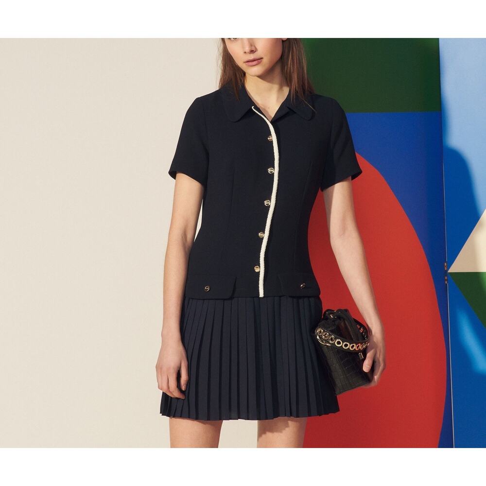 Sandro Paris Alberta Polo Navy Collared Pleated Drop-Waist Dress EU Size 38 US 6